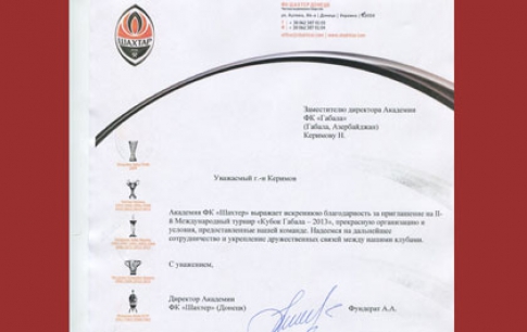 Shakhtar wrote letter to thank Gabala